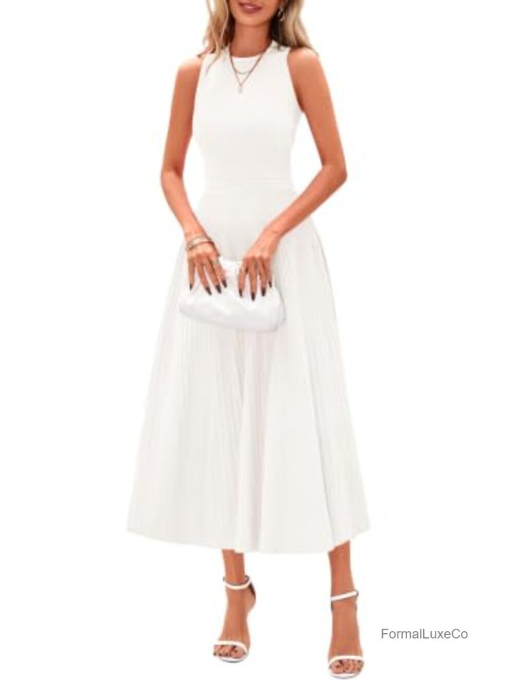 Pleated Sleeveless Midi Dress with High Waist Flattering A-Line Work Wear